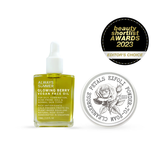 Glowing Duo Set - Glowing Berry Vegan face Oil & Rose Petals Exfoli Cleansing Powder