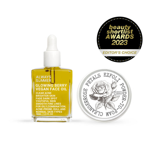Glowing Duo Set - Glowing Berry Vegan face Oil & Rose Petals Exfoli Cleansing Powder